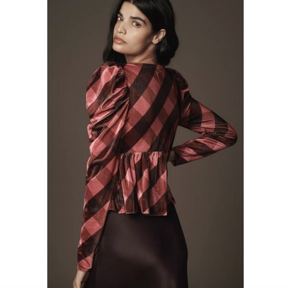 Maeve Velvet Babydoll Top Size Large Plaid Soft Grunge Victorian Witchy Stretch - Picture 2 of 10